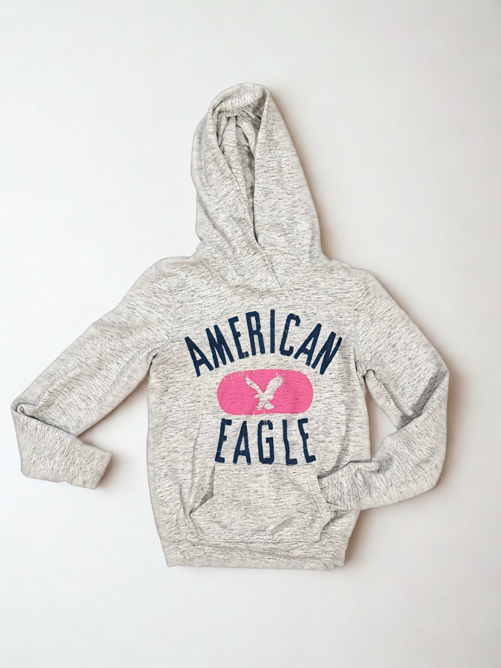American Eagle Outfitters Heather Gray Retro Pocket Hoodie Pink Navy Logo Size M